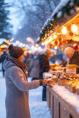 Fototapeta premium Woman Enjoying Holiday Market in Wintery Snow with Festive Lights and Treats