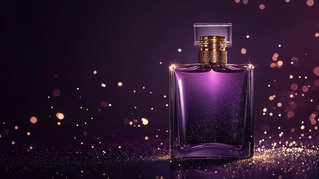 new year or christmas cosmetic background, minimalist perfume bottle on dark purple background with golden sparkling glitter, copy space