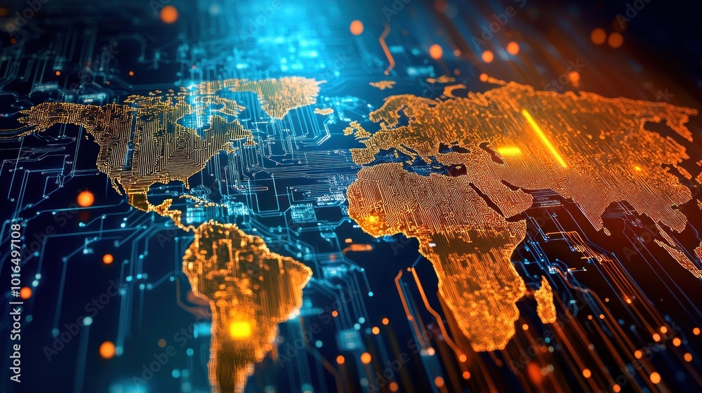 Poster a digital world map with circuit patterns and glowing elements, symbolizing technology and connectiv