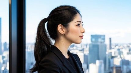 Fototapeta premium professional woman with ponytail gazes thoughtfully out of high rise office window, overlooking bustling cityscape. Her expression reflects determination and focus