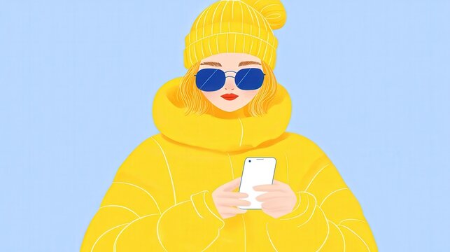 Moderne Wintermode: Junge Frau mit Smartphone in leuchtendem Gelb