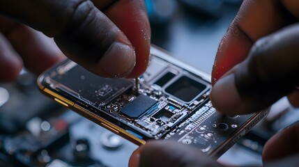 Focused Hands Adjusting Tiny Screws in Smartphone Internal Components