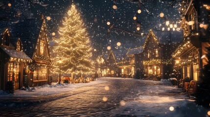 Fototapeta premium Snowy Christmas Eve in a Festive Village Street