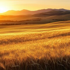 Obraz premium A panoramic shot of a vast field of golden barley, with the sun setting behind distant hills and casting a warm glow over the landscape