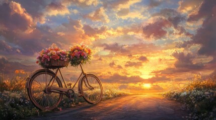 Naklejka premium The tranquil atmosphere features vintage bicycles and flower baskets on empty streets. The soft light of the sunset reflects off the clouds.