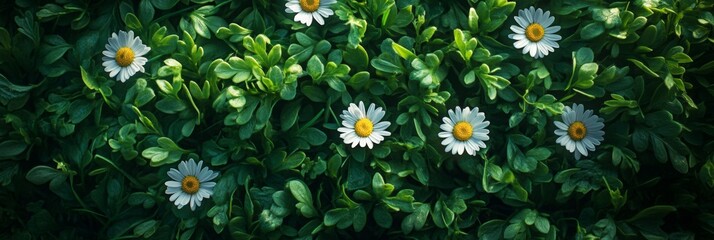 Vibrant green grass adorned with blooming white daisies, softly blurred background creating a serene and inviting atmosphere