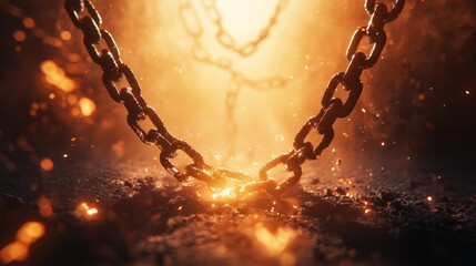 A pair of broken chains with broken links fell to the ground. It is a symbol of freedom from captivity. Moment of freedom