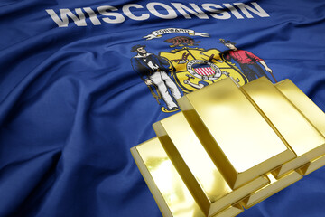 shining golden bullions on the wisconsin state flag background. gold reserves.