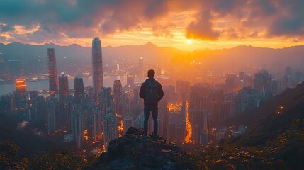 businessman standing atop a mountain peak overlooking a city landscape vision and success concept underscoring the achievement of reaching one s goals triumphant moment.illustration