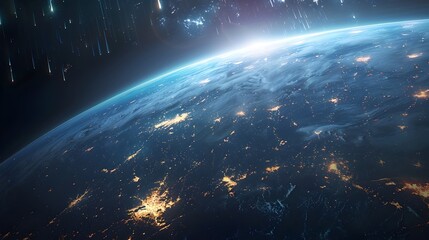 Futuristic Cityscape with Glowing Energy Beams Connecting Sprawling Metropolises Across the Planet