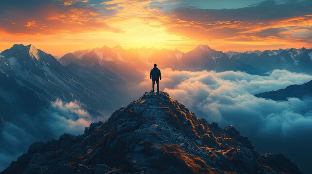 businessman standing in a heroic pose atop a mountain peak pioneering of new paths and the attainment of business heights perseverance leadership and the spirit of entrepreneurship.illustration