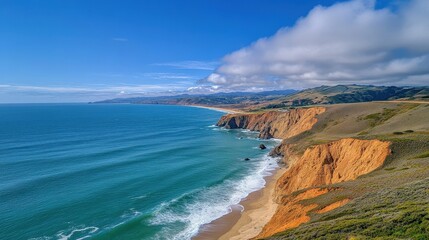 Fototapeta premium Majestic cliffs overlooking the ocean, waves crashing against the rocks below