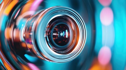 A detailed macro shot of a camera lens surrounded by vibrant and colorful bokeh lights, highlighting the intricate design and technology of photography equipment.