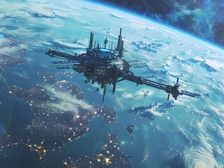 Naklejka premium Futuristic Space Station Orbiting Earth Symbolizing Humanity s Technological Advancement