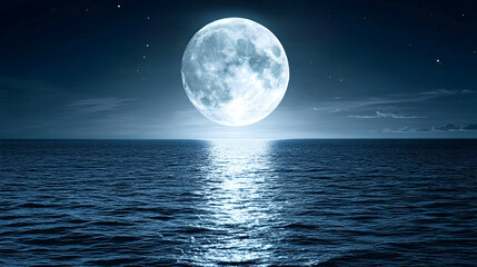 A Full Moon Reflects on the Ocean Surface with Stars in the Night Sky