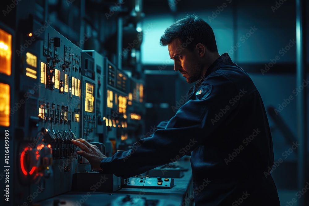 Poster a person working on a control panel in a dark room.