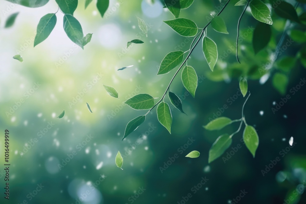 Poster close-up shot of a leafy tree branch with raindrops falling on it, great for nature and weather-them