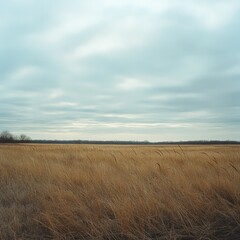 Fototapeta premium A panoramic view of a flat, wide-open field under a cloudy sky, with tall grass swaying in the wind