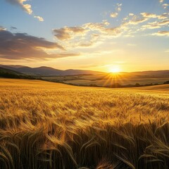 Obraz premium A panoramic view of a golden wheat field under a setting sun, with long shadows stretching across the landscape