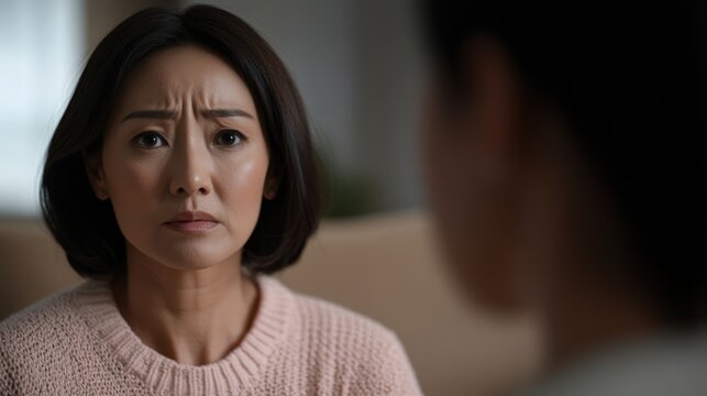 Der Ausdruck einer besorgten Mutter w&auml;hrend eines emotionalen Gespr&auml;chs - Familienberatung und psychische Gesundheit