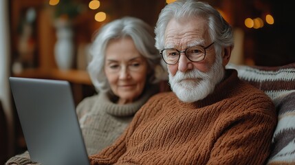 cheerfull senior couple sitting home on sofa and using laptop.stock image