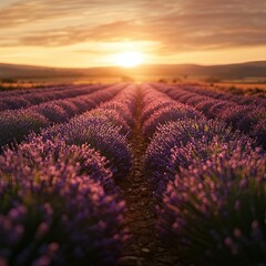 Fototapeta premium A panoramic view of a lavender field in full bloom, with rows of purple flowers stretching toward the horizon under a golden sunset