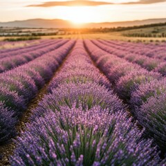 Fototapeta premium A panoramic view of a lavender field in full bloom, with rows of purple flowers stretching toward the horizon under a golden sunset