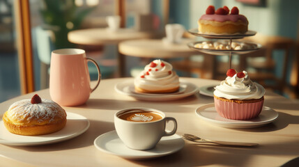 Indulge in the Sweet Delights of a Cozy Caf&eacute;: A Beautiful Arrangement of Delectable Pastries and Aromatic Coffee