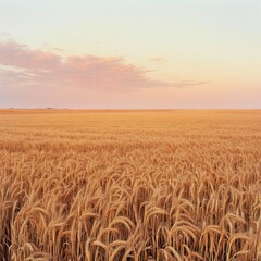 Naklejka premium A panoramic view of a vast, golden wheat field with neat rows of crops under a soft pink sunset sky