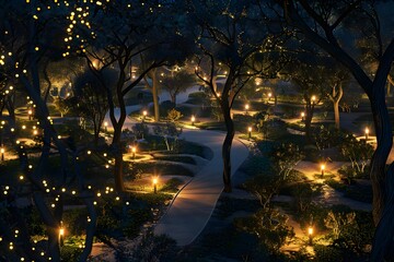 Illuminated Pathway Through a Nighttime Garden