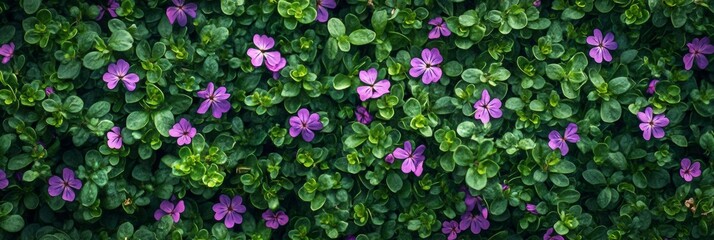 Purple blossoms scattered among lush green grass, soft blur at edges creates a tranquil, serene landscape composition.