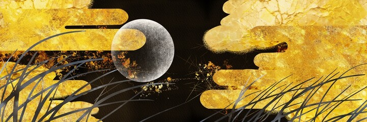 日本画風満月とすやり霞の平安絵巻ものワイドサイズ背景 © NORIMA