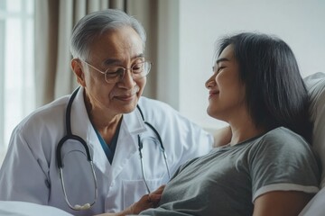 Fototapeta premium A patient conversing with her doctor in a hospital setting.