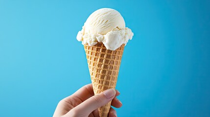 A cheerful hand presenting a delicious ice cream cone on a blue backdrop, reminiscent of clear skies and summer fun. Great for capturing the essence of warm-weather treats.