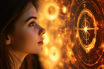 A woman is looking at a glowing circle with a star in the center