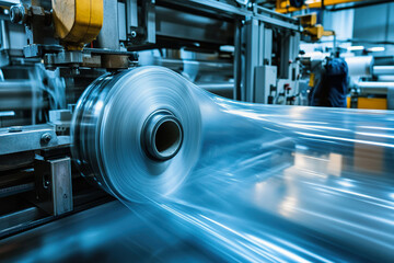 Fototapeta premium roll of clear plastic film is being processed at manufacturing facility