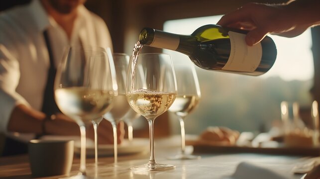 Sommelier serving red wine in luxury hotel bar. close-up of wine being poured into a glass at a vineyard, with rows of grapevines visible in the background. Tasting, production of different wines