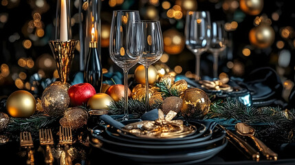 New Year's Eve dinner table with AI decor. Stock photo
