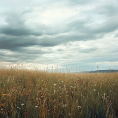 Obraz premium A peaceful field of tall grasses with wildflowers scattered throughout, under a dramatic, cloud-filled sky