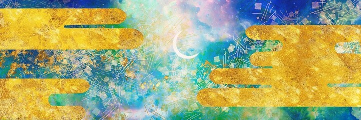 日本画風すやり霞と神秘的な三日月の平安絵巻ものワイドサイズ背景 © NORIMA