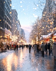 Fototapeta premium Urban Winter Street Scene with People Enjoying a Snowy Evening Walk