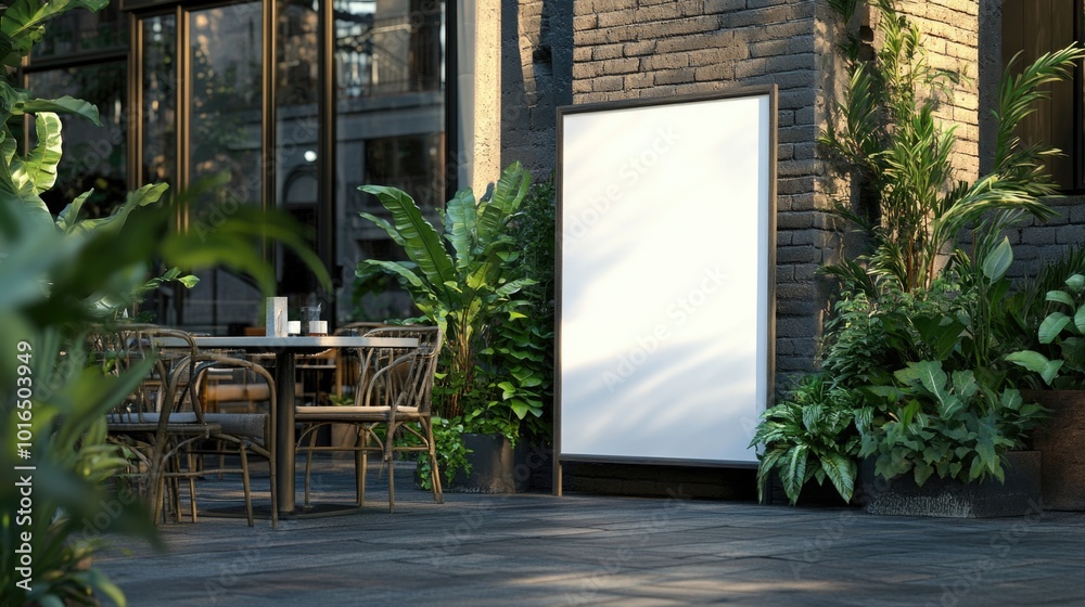 Poster a blank picture frame sitting on the side of a building, ideal for displaying art or photos.