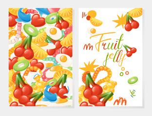 Colorful poster with fruit jelly candies. Vertical design banner with sweet food. Ideal for food packaging or promotional materials. Vector illustration