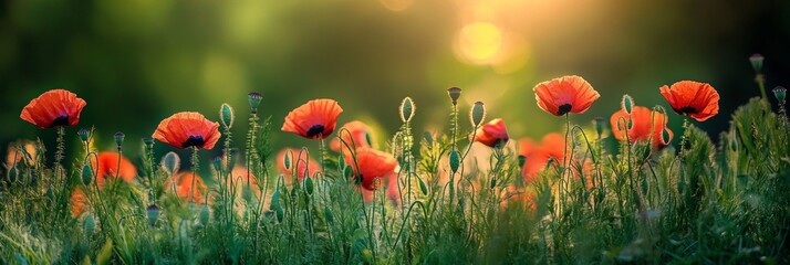 Obraz premium Vibrant Wild Grass with Red Poppies Against a Softly Blurred Green Background