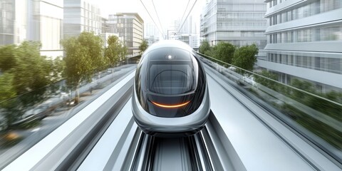 Dynamic train in motion, sleek design racing along tracks, urban landscape softly blurred, conveying speed and modernity.