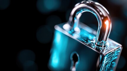 A metallic padlock on a dark background, representing cybersecurity and data protection in the digital age with its reflective and futuristic design elements.