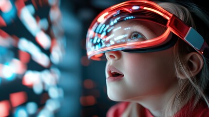 A young user is mesmerized by the compelling visuals of a virtual reality landscape, underscoring the interactive and enthralling realm of VR innovation.