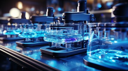 Science laboratory research and development concept. microscope with test tubes for testing.