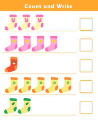 Count and write numbers 1-5. Counting objects worksheet for kids. Educational fun game for children. Kindergarten Counting Worksheet.