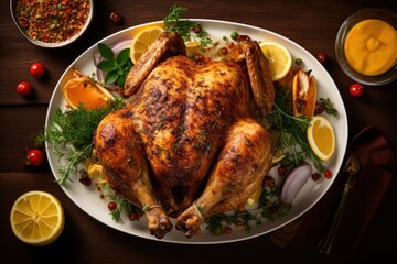 Freshly baked whole chicken dinner plate food.